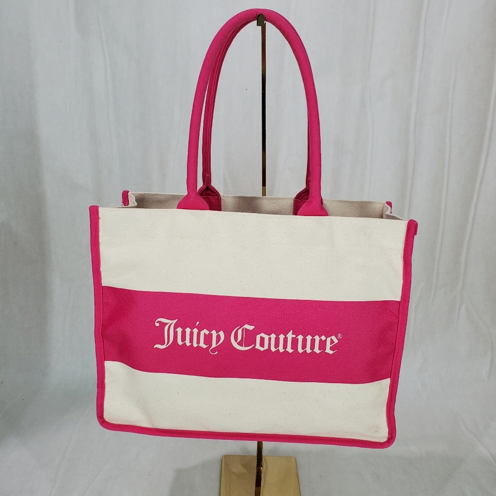 Juicy Couture Beige Canvas Tote Bag Pink Trim Logo Handle Errand Shopping School